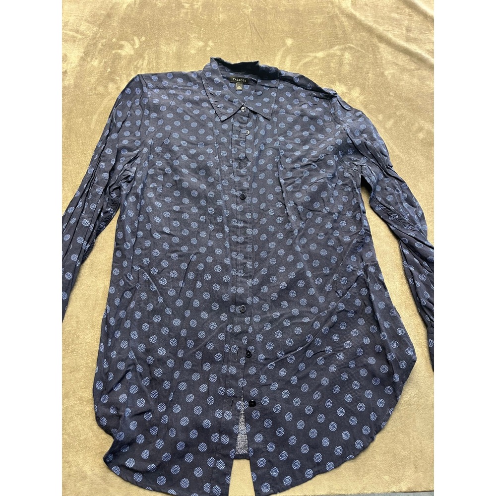 Talbots Womens Navy Blue‎ Polka Dot Long Sleeve Button Down Blouse Size M